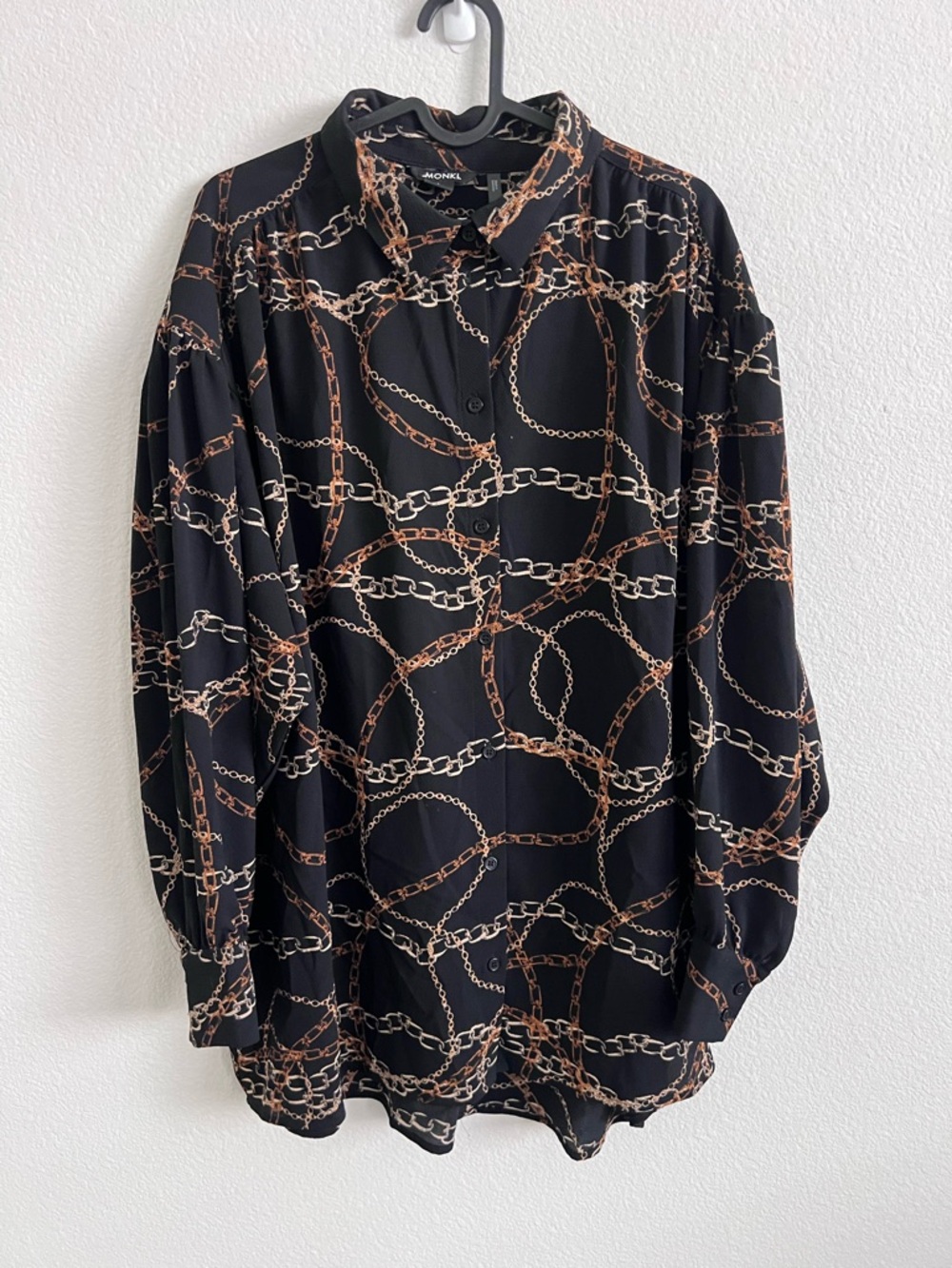 Monki Black Chain-Print Button Blouse with Brown & Cream Accents